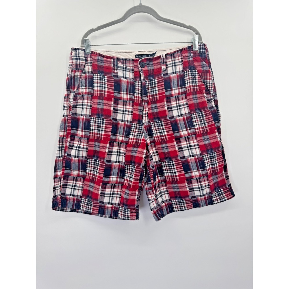 Mens Madras Plaid Patchwork Shorts 36 x 11 Organic Cotton Red White Blue Preppy